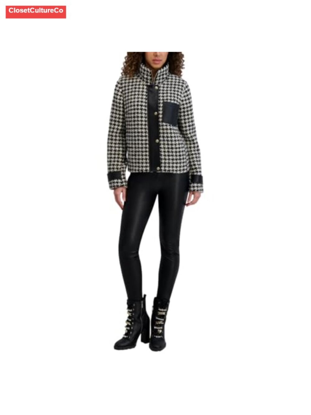 Houndstooth Short Jacket with Faux Leather Trim Quilted Long Sleeve